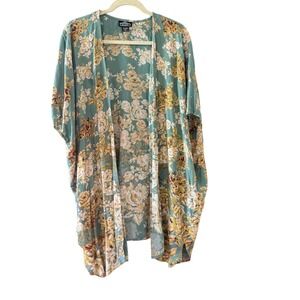 Angie Teal Floral Kimono Wrap Cardigan Women Medium Boho Rayon Open Front Layer